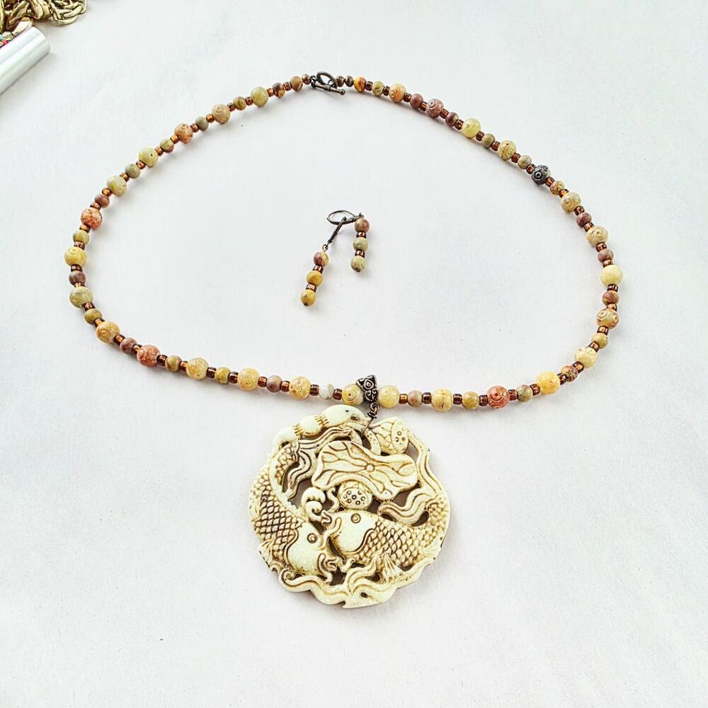 Vintage Asian Pendant Koi Fish Carved Stone Necklace Earrings Set Beaded Jade